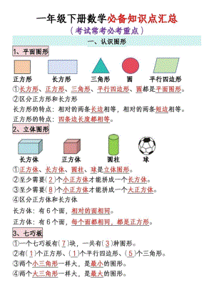 人教版一年級下冊數(shù)學(xué)必備知識(shí)點(diǎn)(重點(diǎn)考點(diǎn)-精品).pdf