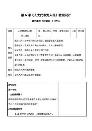 部編版六上道德與法治（核心素養目標）6.2 人大代表為人民 第2課時 責任在肩 人民在心 教案設計.docx