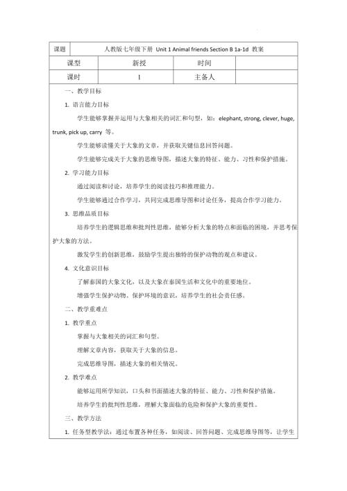 Unit1AnimalfriendsSectionB1a-1d教案2023-2024學年人教版英語七年級下冊.docx
