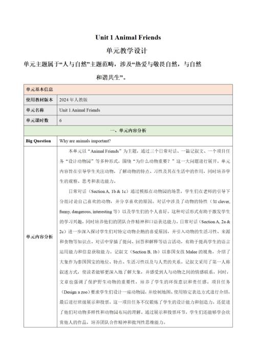 25春人教版七下英語Unit 1 Animal Friends（大單元教學(xué)設(shè)計）.pdf