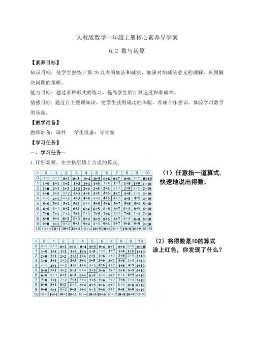 【核心素養】人教版數學一年級上冊-6.2 數與運算（二）（學案）.docx