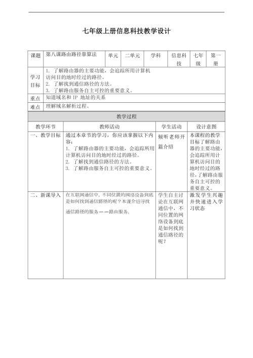 義務教育版七年級信息科技第08課路由路徑靠算法教案.doc