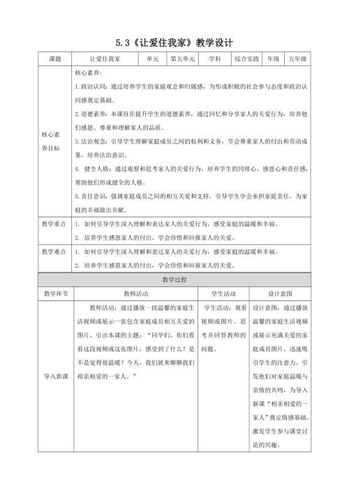 蘇少版五年級下冊綜合實踐活動5.3讓愛住我家教案.doc