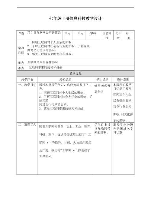義務教育版七年級信息科技第03課互聯(lián)網(wǎng)影響新體驗教案.doc