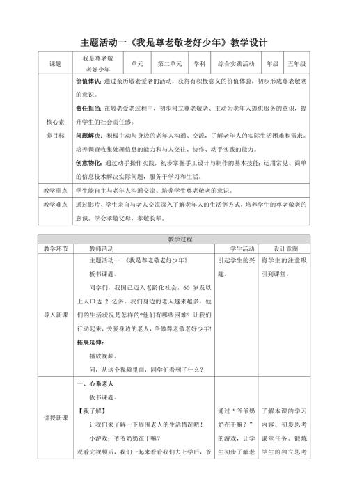 蘇少版五年級下冊綜合實踐活動2.1我是尊老敬老好少年教案.doc