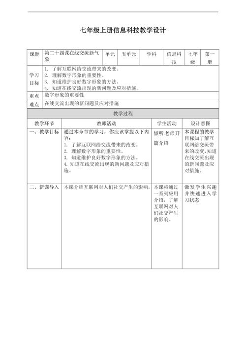 義務(wù)教育版七年級(jí)信息科技第24課《在線交流新氣象》教案.doc