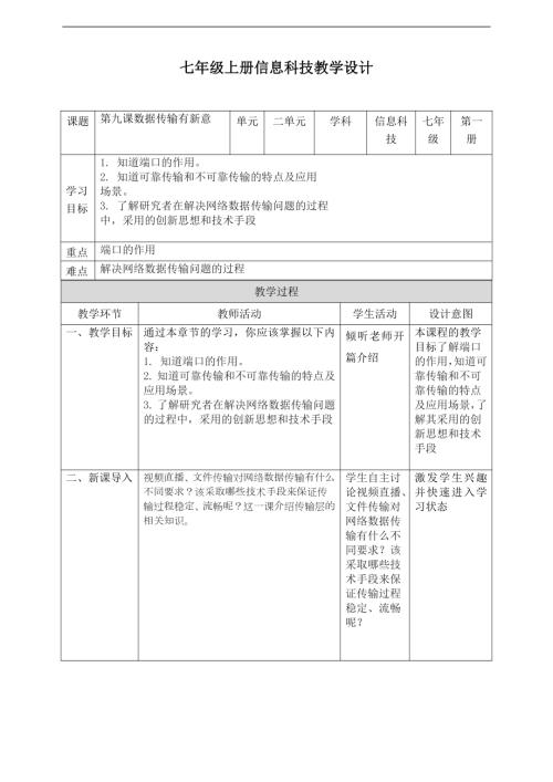 義務教育版七年級信息科技第09課數據傳輸有新意教案.doc