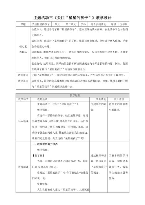 蘇少版五年級下冊綜合實踐活動2.4關注“星星的孩子”教案.doc