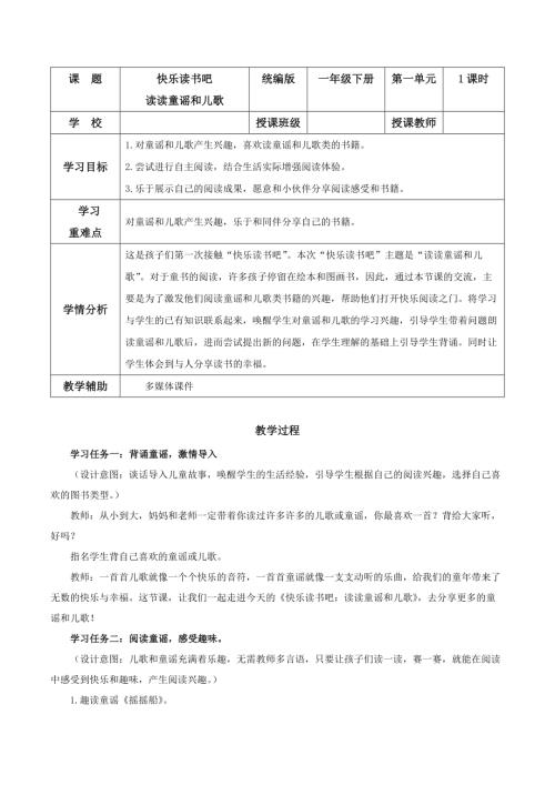 25新教材部編版一年級(jí)下語文快樂讀書吧讀讀童謠和兒歌（教學(xué)設(shè)計(jì)）.docx