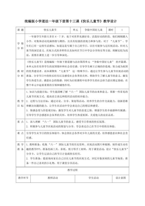 新部編版一年級(jí)下冊(cè)道德與法治第13課快樂(lè)兒童節(jié)教學(xué)設(shè)計(jì).docx