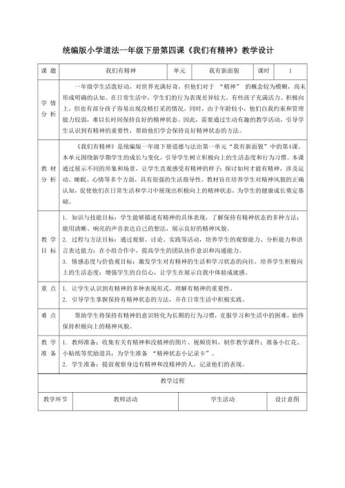 新部編版一年級下冊道德與法治第4課《我們有精神》教學(xué)設(shè)計(jì).docx