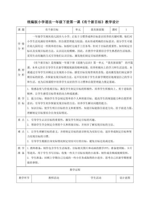 新部編版一年級下冊道德與法治第1課《有個(gè)新目標(biāo)》教學(xué)設(shè)計(jì).docx