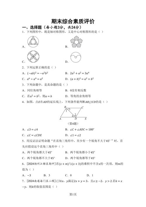 期末綜合素質(zhì) 評(píng)價(jià)練習(xí)（含答案）2024-2025學(xué)年蘇科版七年級(jí)數(shù)學(xué)下冊(cè).docx