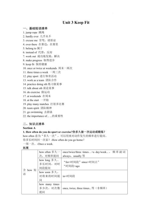 Unit3知識清單2024-2025學年人教版英語七年級下冊.docx
