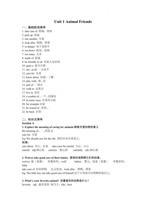 Unit 1 Animal Friends知識清單 2024-2025學年人教版 七年級英語下冊.docx