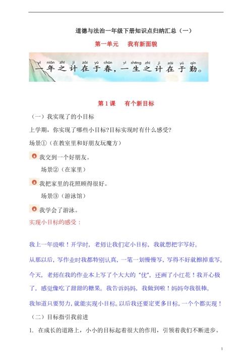 【新版】一年級下冊道德與法治 第一單元 我有新面貌 知識點(diǎn)歸納匯總.doc