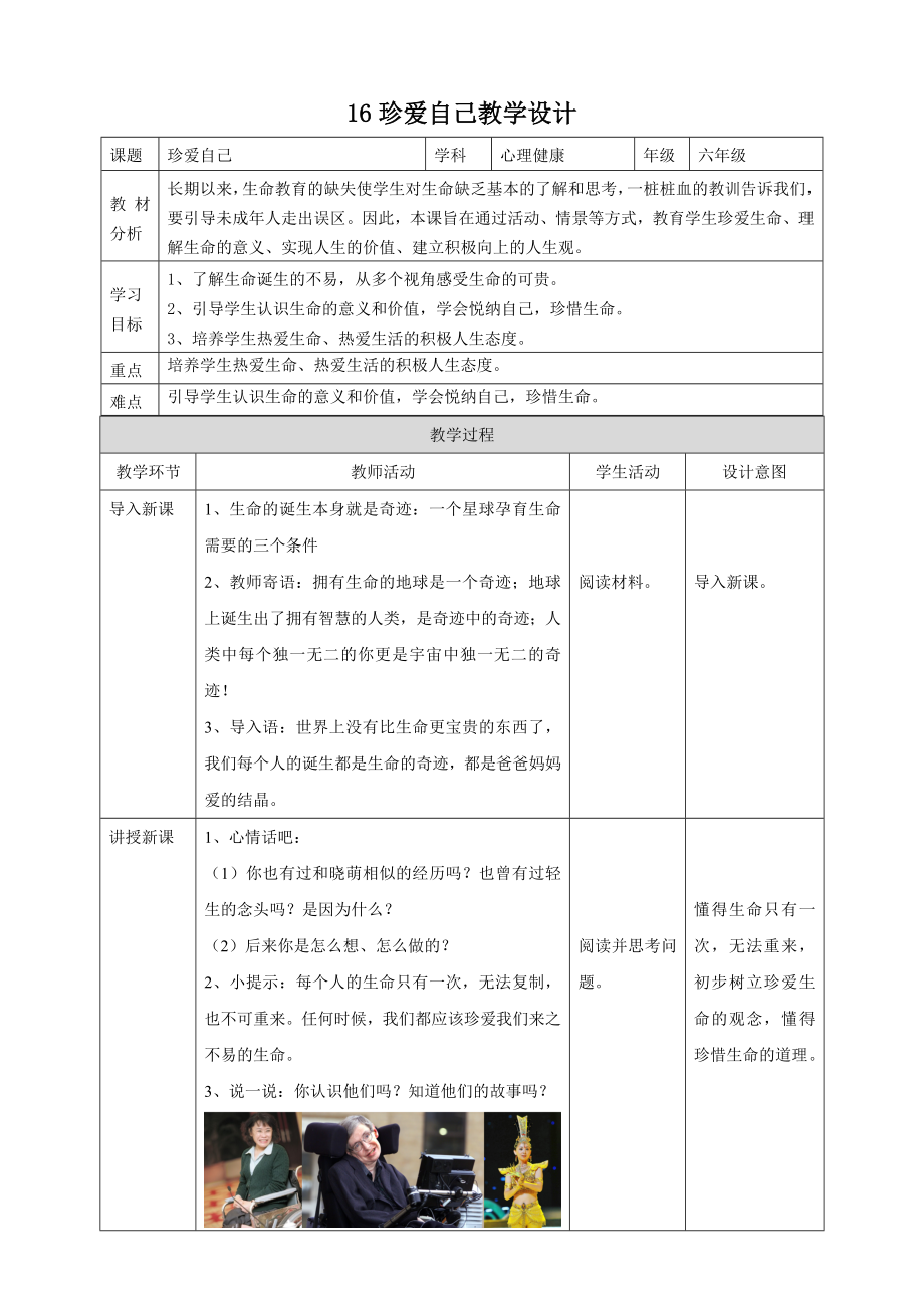 北師大版心理健康六年級下冊 第16課 珍愛自己 課件+教案.rar