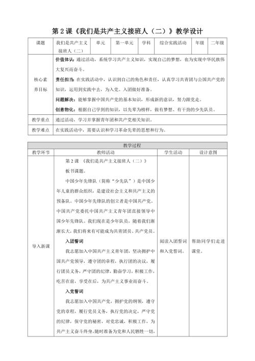 內(nèi)蒙古版二下綜合實(shí)踐第一單元第2課《我們是共產(chǎn)主義接班人二》 教案.doc