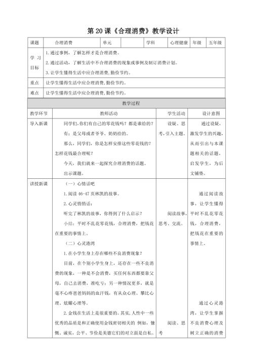 北師大版五年級下冊心理健康第20課《合理消費》 教案.doc