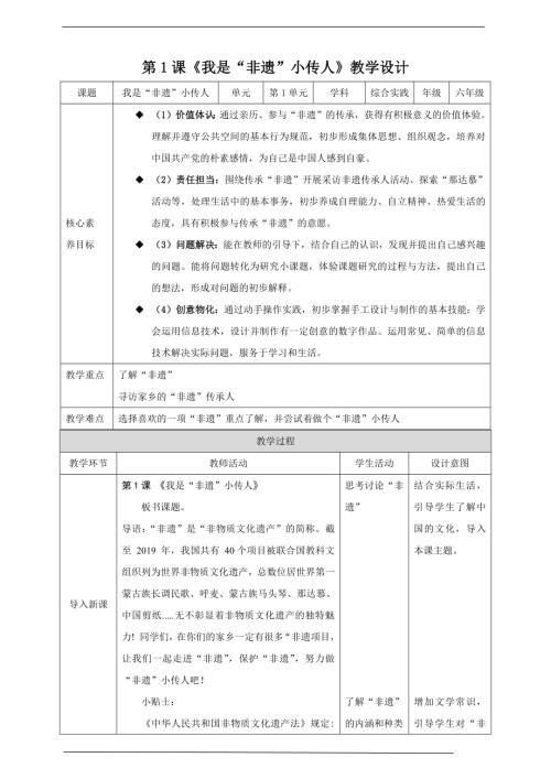 內(nèi)蒙古版六下綜合實踐第一課我是“非遺”小傳人教案.docx