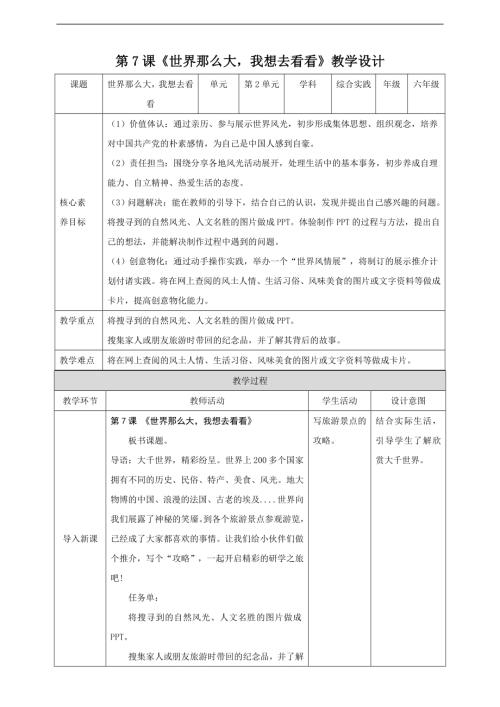 內(nèi)蒙古版六下綜合實踐第二單元 第7課《世界那么大我想去看看》教案.doc