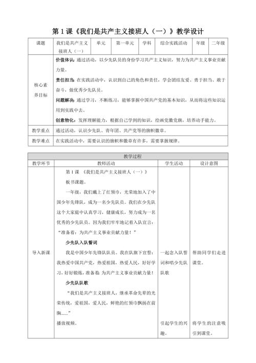 內(nèi)蒙古版二下綜合實(shí)踐第一單元第1課《我們是共產(chǎn)主義接班人一》 教案.doc