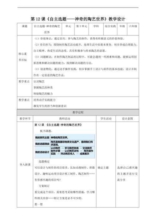 內(nèi)蒙古版六下綜合實(shí)踐第二單元第12課自主選題神奇的陶藝世界教案.doc