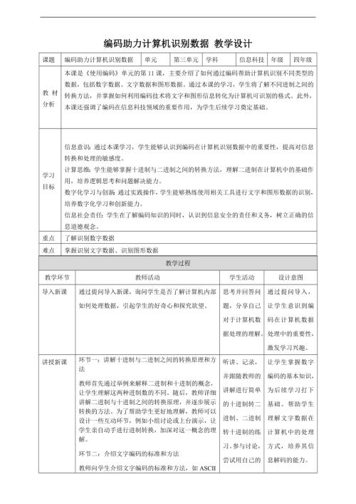 贛科版四年級(jí)下冊(cè)信息科技第11課編碼助力計(jì)算機(jī)識(shí)別數(shù)據(jù)教案.doc