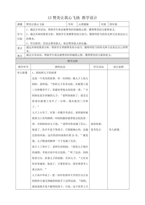 教科版四年級下冊心理健康教案13《贊美讓我心飛揚》教學設計.doc