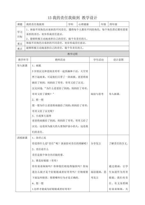 教科版四年級下冊心理健康教案15我的責任我做到教學設計.doc