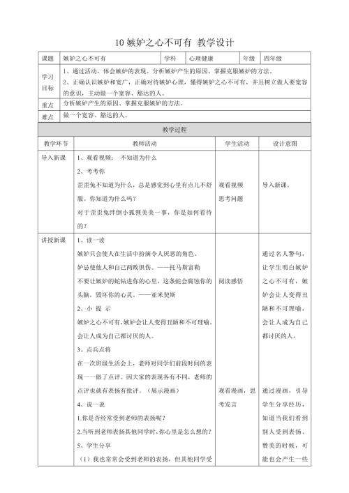 教科版四年級(jí)下冊(cè)心理健康教案10嫉妒之心不可有教學(xué)設(shè)計(jì).doc