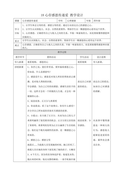 教科版四年級下冊心理健康教案18心存感恩傳遞愛教學設計.doc
