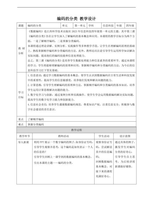 贛科版四年級下冊信息科技第3課 編碼的分類 教案.doc