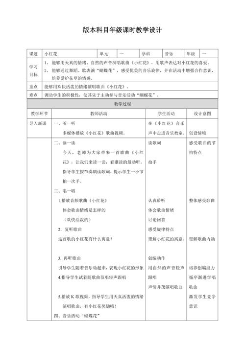 冀少版（2025）一年級下冊音樂聆聽《小紅花》2.教學設計.doc