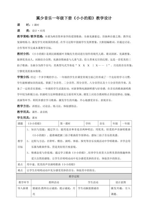 冀少版（2025）一年級下冊音樂聆聽《小小的船 》2.教案.doc