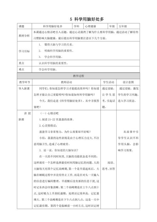 北師大版五年級上《心理健康》第5課《科學(xué)用腦好處多》教案.doc