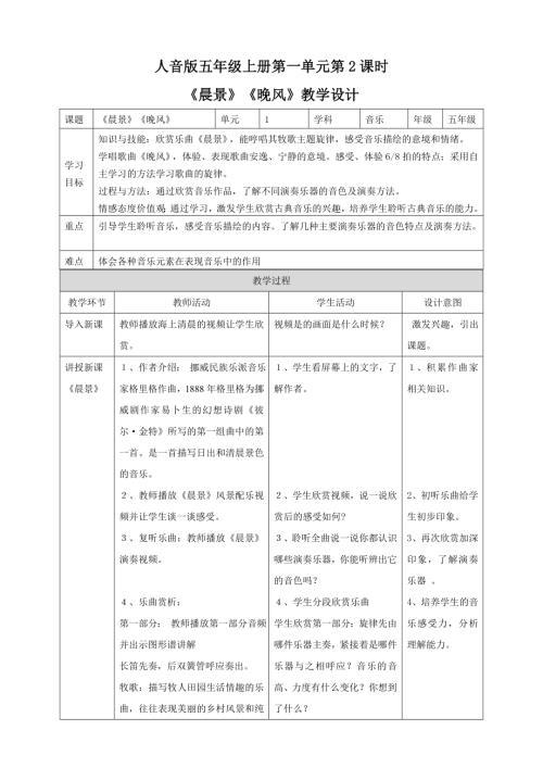 人音版五年級上冊音樂第一單元第2課時《晨景》 《晚風》.doc