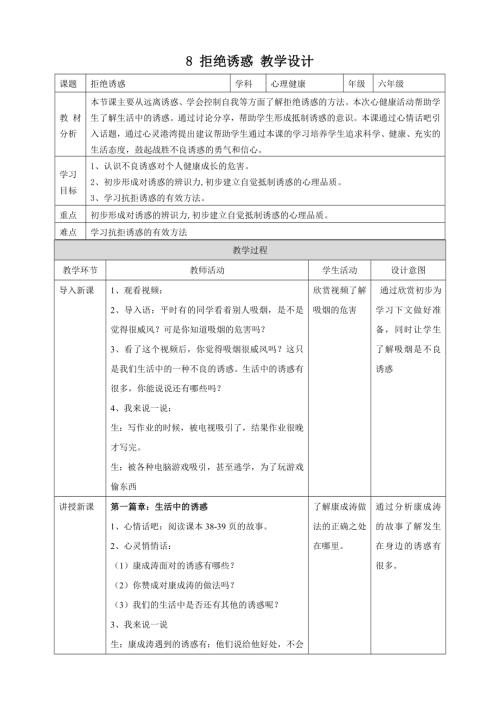 北師大版六年級上冊心理健康8 拒絕誘惑 教學設計.doc
