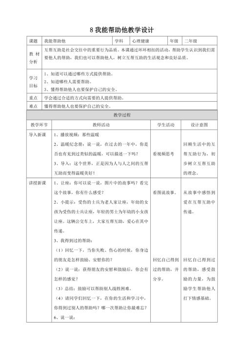 北師大版心理健康二年級上冊第8課 我能幫助他 教學設計.doc
