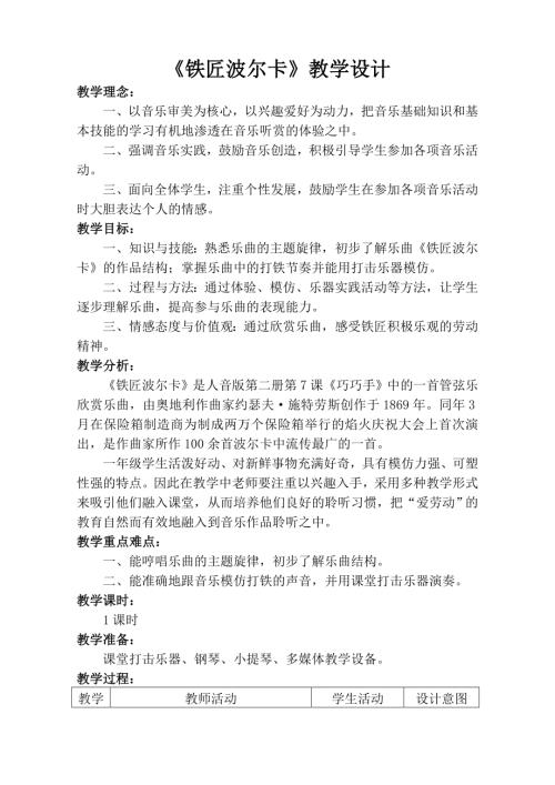 人音版一年級下冊音樂-《鐵匠波爾卡》教學設計.doc