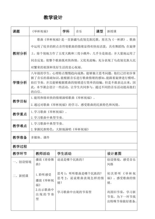 小學音樂教學設計-八年級-《舉杯祝福》教學設計.doc