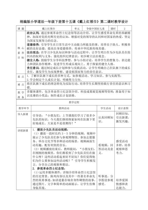 部編版一年級下道德與法治【核心素養(yǎng)】4.3戴上紅領(lǐng)巾第二課時教案.docx