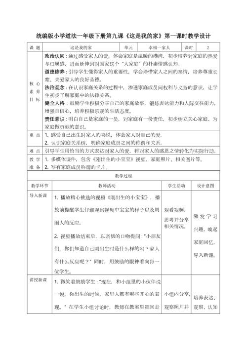 部編版一年級下道德與法治【核心素養】3.1這是我的家 第一課時 教案.docx