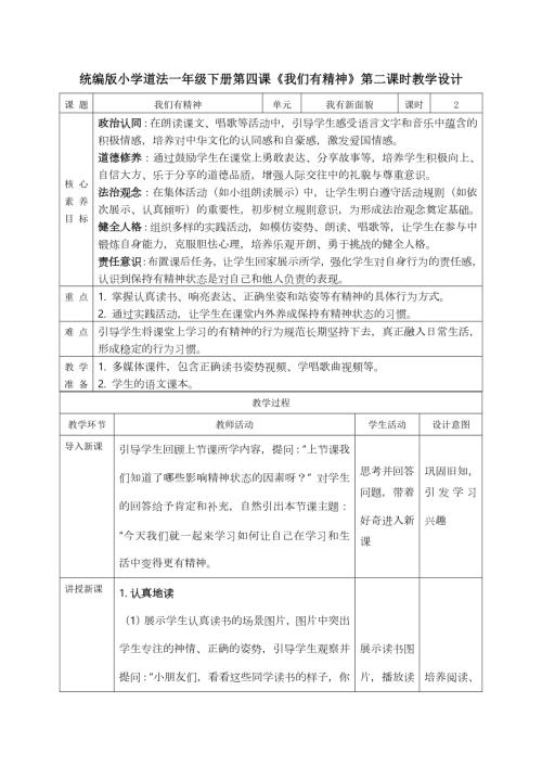 部編版一年級下道德與法治【核心素養(yǎng)】1.4我們有精神第二課時教案.docx