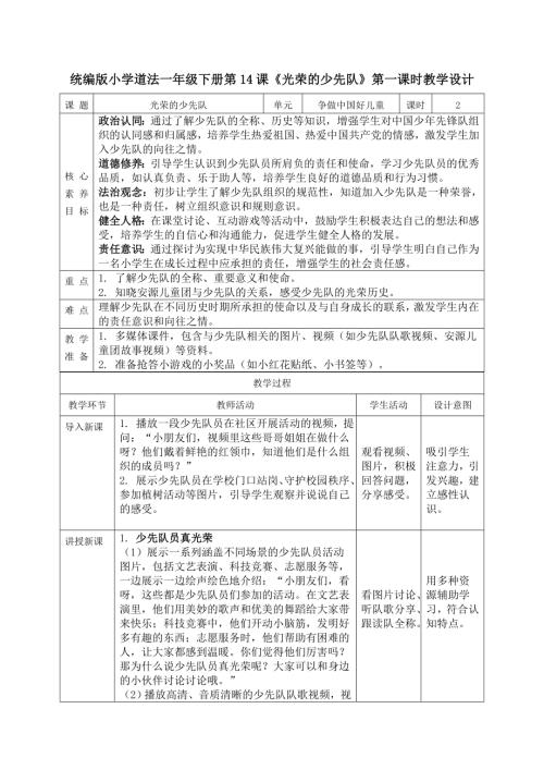 部編版一年級下道德與法治【核心素養】4.2光榮的少先隊第一課時教案.docx