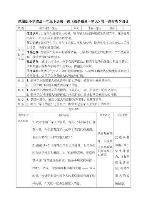 部編版一年級下道德與法治【核心素養(yǎng)】3.2相親相愛一家人第一課時(shí)教案.docx
