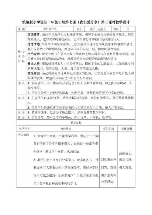部編版一年級下道德與法治【核心素養】2.3我們愛分享 第二課時 教案.docx