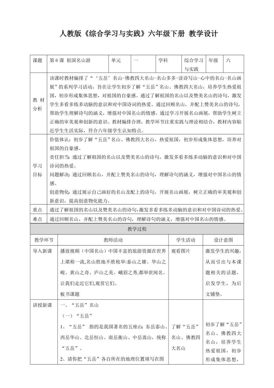 人教版六年級下冊綜合實踐第6課《祖國名山游》課件+教案+素材.rar