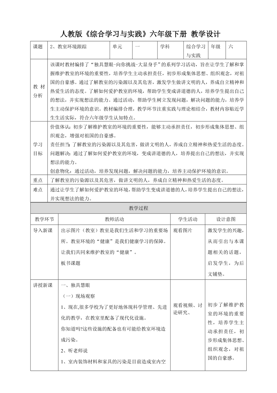 人教版六年級下冊綜合實踐第2課《教室環境跟蹤》課件+教案+素材.rar