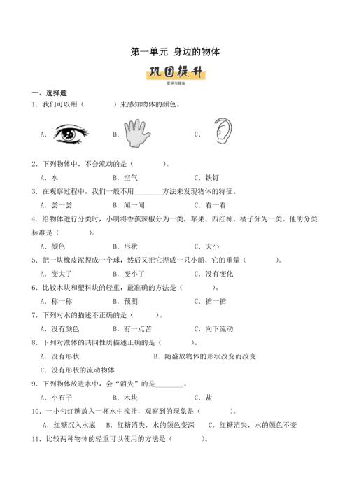 第一單元身邊的物體（單元測試）-2024-2025學年一年級科學下冊（教科版2024）.docx